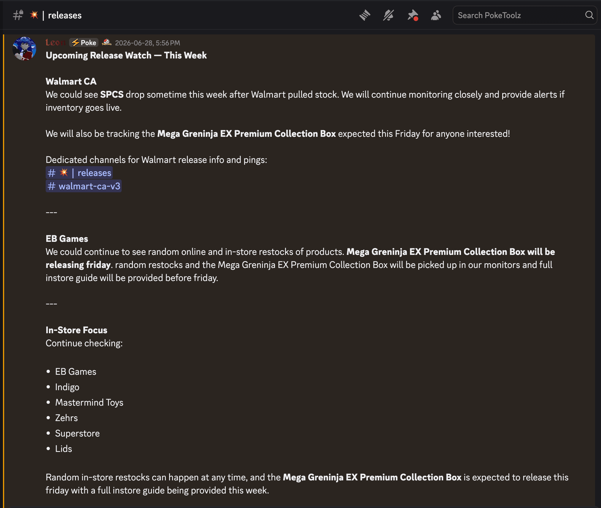 Discord release watch post with Walmart CA and EB Games intel